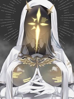 1boy 1girl black_veil breast_curtains breasts commentary_request covered_face faceless faceless_female framed_breasts gloves goddess_of_victory:_nikke heart highres large_breasts long_hair nun oe_nui simple_background smile taut_clothes tight_clothes v.t.c._priestess_(nikke) veil veil_over_eyes very_long_hair white_gloves white_hair