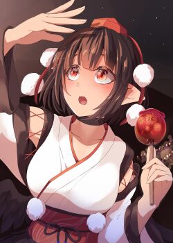 Rule 34 | 1girl, :o, arm up, bird wings, blush, breasts, brown hair, candy, candy apple, collarbone, commentary request, cross-laced clothes, feathered wings, festival, fingernails, fireworks, food, hat, highres, holding, holding candy, holding candy apple, holding food, japanese clothes, kagami toufu, kimono, kourindou tengu costume, large breasts, lips, long sleeves, looking to the side, looking up, night, obi, obijime, open mouth, pointy ears, pom pom (clothes), red eyes, red hat, red sash, reflection, ribbon-trimmed sleeves, ribbon trim, sash, shameimaru aya, short hair, sidelocks, sky, solo, standing, star (sky), starry sky, teeth, tokin hat, tongue, touhou, upper body, upper teeth only, white kimono, white sleeves, wide sleeves, wings
