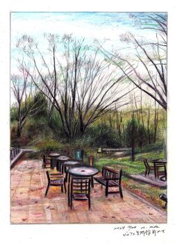absurdres baden_hiroshi bare_tree bench blue_sky border chair colored_pencil_(medium) commentary_request dated day highres no_humans original outdoors patio real_world_location scenery shizuoka_prefecture sky table traditional_media tree white_border