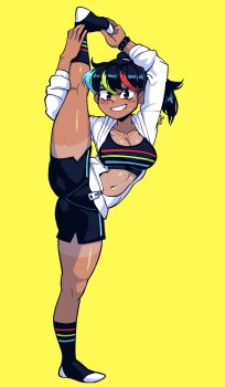 1girl aqua_hair artist_name black_hair black_shorts black_socks black_sports_bra blush blush_stickers breasts cleavage collarbone commentary english_commentary eyelashes full_body green_hair hand_on_own_foot hand_on_own_leg highres jacket leg_up long_hair meme_request multicolored_hair navel original partially_open_jacket partially_unzipped ponytail red_hair shiny_skin shorts simple_background smile socks solo split sports_bra standing standing_on_one_leg standing_split stomach streaked_hair sweat tan tanline teeth the_jieb thighs white_jacket yeet-chan_(the_jieb) yellow_background