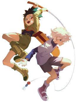 Rule 34 | 2boys, arms up, belt, black belt, black hair, black shirt, blue eyes, blue shirt, blue shorts, boots, brown eyes, fajyobore, fishing rod, full body, gon freecss, green boots, green jacket, green shorts, highres, holding, holding fishing rod, holding skateboard, hunter x hunter, jacket, killua zoldyck, layered sleeves, long sleeves, looking to the side, male focus, multiple boys, open mouth, shirt, shirt tucked in, shoes, short hair, short over long sleeves, short sleeves, shorts, sideways glance, simple background, skateboard, smile, spiked hair, v-neck, white background, white shirt