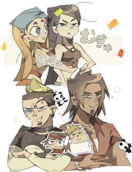 2girls 4boys alejandro_(total_drama) bandana black_eyes black_hair black_shirt blue_bandana blue_eyes brown_hair candy choker commentary_request crossed_arms dark-skinned_male dark_skin dokusuji_(kw9onou58) duncan_(total_drama) eyebrow_piercing face_piercing facial_hair food green_hair gummy_bear heather_(total_drama) jewelry lindsay_(total_drama) long_hair mohawk multiple_boys multiple_girls necklace nose_piercing owen_(total_drama) panda piercing red_shirt red_tank_top shirt spiked_choker spikes tank_top total_drama translation_request