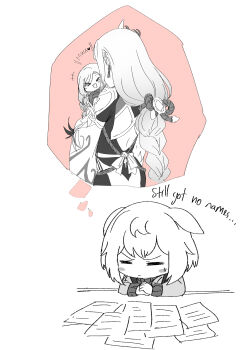 2girls absurdres aepuru_arts artist_self-insert blush_stickers braid chibi earrings english_text genshin_impact hair_ornament happy highres jewelry kiss kissing_cheek laughing low-braided_long_hair low-tied_long_hair mother_and_daughter multiple_girls shenhe_(genshin_impact) thinking