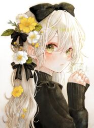 Rule 34 | 1girl, black bow, black sweater, bow, flower, from side, ginniroya, green eyes, hair between eyes, hair bow, hair flower, hair ornament, highres, long hair, long sleeves, looking at viewer, original, parted lips, sleeves past wrists, solo, sweater, twitter username, watermark, white background, white flower, white hair, yellow flower