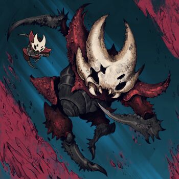 1boy absurdres arthropod_boy black_eyes colored_skin commentary crust_king_khann_(hollow_knight) english_commentary extra_eyes highres hollow_eyes hollow_knight hollow_knight:_silksong horned_mask horns male_focus mask red_skin reference_inset rock scar scar_across_eye scar_on_face thiago_lehmann white_mask