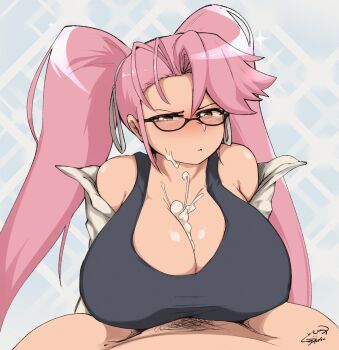 1boy 1girl annoyed artist_logo artist_request black_shirt breasts brown_eyes cum cum_on_body cum_on_breasts cum_on_upper_body glasses hair_ribbon hatsu_(hatsumiilkshake) hetero highres highschool_of_the_dead jacket jacket_on_shoulders large_breasts logo looking_at_another male_pubic_hair paizuri paizuri_under_clothes pink_hair pubic_hair ribbon shiny_skin shirt source_request takagi_saya