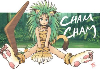 1girl animal_ear_fluff animal_ears animal_hands animal_print between_legs boomerang cat_ears cat_girl cat_tail cham_cham character_name claws closed_mouth collar commentary_request darumatensi dress forest full_body gloves green_eyes green_hair hair_ornament hand_between_legs highres long_hair looking_at_viewer low-tied_long_hair microdress nature paw_gloves paw_shoes samurai_spirits shoes signature sitting sleeveless sleeveless_dress smile solo sphere_hair_ornament spiked_hair tail tiger_print torn_clothes torn_dress very_long_hair yellow_dress yellow_gloves yellow_shoes