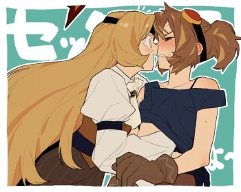 2girls absurdly_long_hair archived_source armband ascot black_armband black_gloves black_shirt blonde_hair blush brown_eyes brown_gloves brown_hair brown_pants brown_vest clothes_lift colored_eyelashes cookie_run cookie_run:_ovenbreak croissant_cookie dayama frown furrowed_brow gloves goggles goggles_on_head green_background hand_under_clothes hand_under_shirt hat_loss humanization imminent_kiss leaning_forward long_hair long_sleeves looking_at_another lowered_eyelids multicolored_hair multiple_girls off-shoulder_shirt off_shoulder pants ponytail puffy_sleeves selfcest shirt shirt_lift simple_background sleeveless sleeveless_shirt smile sweat text_background timekeeper_cookie very_long_hair vest white_eyelashes yellow_eyes yuri