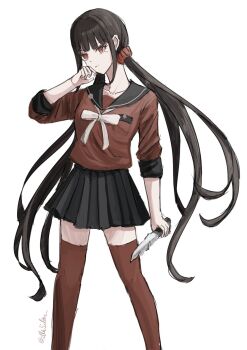 1girl artist_name black_hair black_sailor_collar black_skirt bow bowtie collarbone danganronpa_(series) danganronpa_v3:_killing_harmony dontsu_(illu5i0ns) feet_out_of_frame harukawa_maki highres holding holding_knife knife long_hair long_sleeves mole mole_under_eye pleated_skirt red_eyes red_shirt red_thighhighs sailor_collar school_uniform shirt simple_background skirt solo thighhighs weapon white_background white_bow white_bowtie zettai_ryouiki