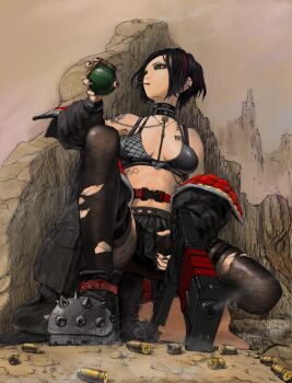 1girl absurdres bare_shoulders belt bikini bikini_top_only black_bikini black_choker black_eyeshadow black_hair black_jacket black_nails black_skirt black_thighhighs breasts chain chest_tattoo choker cleavage collar crow_(nikke) ear_piercing earrings explosive eyeshadow fishnet_pantyhose fishnets goddess_of_victory:_nikke green_eyes grenade gun highres holding holding_grenade holding_gun holding_weapon jacket jewelry makeup medium_breasts mero_(ilsttkgbz11) multicolored_hair nail_polish navel off_shoulder outdoors pantyhose piercing pleated_skirt red_hair red_jacket shell_casing short_hair shoulder_tattoo skirt smoke smoking_barrel solo spiked_footwear squatting stomach_tattoo streaked_hair studded_bikini submachine_gun swimsuit taking_cover tattoo thighhighs torn_clothes torn_thighhighs two-sided_fabric two-sided_jacket weapon