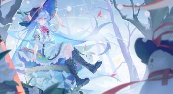 Rule 34 | 1girl, absurdres, bare tree, black boots, black hat, blue hair, boots, bow, bowtie, character snowman, chinese commentary, closed mouth, commentary request, crossed legs, fruit hat ornament, hand on headwear, hat, hat ornament, highres, hinanawi tenshi, kaname-ishi, knee boots, lace-up boots, leaf hat ornament, long hair, looking at viewer, nagae iku, outdoors, peach hat ornament, puffy short sleeves, puffy sleeves, rainbow order, red bow, red bowtie, red eyes, shirt, short sleeves, smile, snow, snowman, solo, sword of hisou, tiantiantiantaozi, touhou, tree, very long hair, white shirt, winter