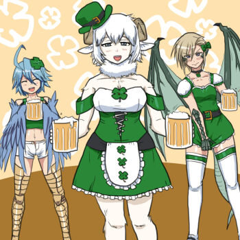 10s 3girls :d ahoge alcohol animal_ears beer beer_mug blonde_hair blue_eyes blue_hair blue_wings blush bow breasts choker claws closed_eyes clover_hair_ornament cup draco_(monster_musume) dragon_girl dragon_tail dragon_wings feathered_wings four-leaf_clover_hair_ornament green_wings hair_bow hair_ornament harpy hat horns imperiumdraws looking_at_viewer medium_breasts merino_(monster_musume) monster_girl monster_musume_no_iru_nichijou mug multiple_girls open_mouth pan_(monster_musume) papi_(monster_musume) pointy_ears purple_eyes saint_patrick&#039;s_day scales sheep_ears sheep_girl sheep_horns short_hair skirt skirt_tug slit_pupils small_breasts smile tail white_hair wings wool
