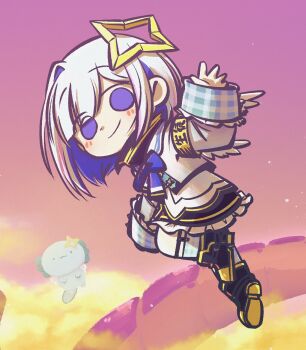 Rule 34 | 1girl, amane kanata, amane kanata (1st costume), angel wings, armband, black boots, black skirt, blue bow, blue bowtie, blue eyes, blue hair, blush, boots, bow, bowtie, closed mouth, cloud, colored inner hair, colored shoe soles, commentary request, dragon ball, dragon tail, dragonball z, evening, flying, frilled skirt, frills, grey hair, grey jacket, halo, highres, hololive, jacket, kiryu coco, long sleeves, looking at viewer, mini wings, multicolored hair, parody, pink sky, short hair, single hair intake, skirt, sky, sleeves past wrists, smile, solid circle eyes, star halo, streaked hair, tail, upao (amane kanata), virtual youtuber, wakatsuki misato, waving, wings, yellow armband