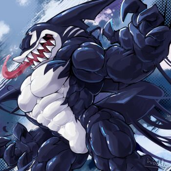 1boy abs artist_name bara bare_pectorals biceps claws commentary english_commentary fangs fins fish_tail furry furry_male highres jeff_(marvel) long_tongue looking_at_another male_focus marvel muscular muscular_male open_mouth pectorals shark_boy shark_fin shark_tail symbiote tail tongue tongue_out waddledox_(waddy)