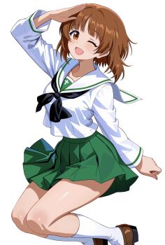 1girl black_sailor_collar blush brown_eyes brown_hair brown_shoes girls_und_panzer green_skirt highres looking_at_viewer nishizumi_miho one_eye_closed ooarai_school_uniform open_mouth sailor_collar school_uniform shirt shoes short_hair simple_background skirt smile socks solo white_background white_shirt white_socks zaofeng