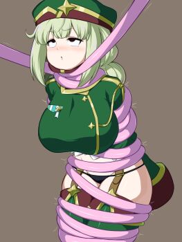 1girl araga_kiwi asphyxiation bdsm black_panties blush bondage bound breasts green_hair green_hat hat highres large_breasts leoparde_(mahou_shoujo_ni_akogarete) mahou_shoujo_ni_akogarete military_uniform okura_(okra_sticky) panties restrained solo tentacles underwear