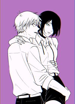 1boy 1girl arm_around_neck arm_around_waist bare_shoulders black_choker black_pants black_shorts breasts chainsaw_man choker collared_shirt couple denji_(chainsaw_man) green_eyes grenade_pin hair_between_eyes hair_over_one_eye hetero highres limited_palette medium_breasts medium_hair pants parted_lips purple_eyes reze_(chainsaw_man) sharp_teeth shirt short_hair shorts sleeveless sleeveless_shirt sleeves_rolled_up teeth trapcrea updo upper_body white_shirt