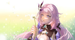 Rule 34 | 1girl, absurdres, black bow, black shrug, blue eyes, bow, breasts, chinese commentary, cleavage, commentary request, dandelion, elysia (honkai impact), elysia (miss pink elf) (honkai impact), flower, hair bow, hair intakes, hair ornament, highres, holding, holding flower, honkai (series), honkai impact 3rd, large breasts, long hair, looking at flowers, nail polish, open mouth, outdoors, pink hair, pink nails, pink pupils, pointy ears, portrait, solo, very long hair, zhong er bing