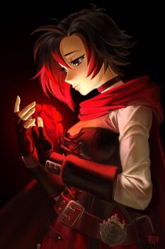 1girl belt black_background black_hair buckle cape choker closed_mouth dated erin_winn fingerless_gloves flower gloves glowing glowing_flower gradient_hair grey_eyes hair_between_eyes highres multicolored_hair pouch red_cape red_hair red_skirt rose ruby_rose rwby short_hair signature skirt