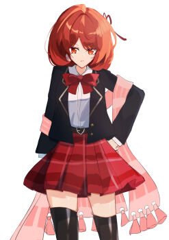Rule 34 | 1girl, absurdres, belt, black survival, black thighhighs, blazer, bow, bowtie, eternal return: black survival, hand on own hip, highres, hoimi556, jacket, pink scarf, pleated skirt, red bow, red bowtie, red eyes, red hair, red skirt, scarf, school uniform, short hair, skirt, thighhighs, tran quynh mai, white background