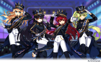 4girls ara_haan audience black_boots black_coat black_hair black_hat blonde_hair blue_eyes blue_sash blunt_bangs blurry blurry_background boots clenched_teeth closed_mouth coat crossed_bangs depth_of_field determined dress_pants elesis_(elsword) elf elsword epaulettes feet_out_of_frame game_cg gloves glowstick green_eyes green_hair hair_between_eyes hand_on_headwear hand_on_own_hip happy hat headset high_heel_boots high_heels highres hwansang idol leg_up light_blush logo long_hair long_sleeves looking_at_viewer military_uniform multiple_girls night night_sky official_alternate_costume official_art open_mouth outdoors pants parted_lips penlight_(glowstick) pointing pointing_at_viewer pointy_ears ponytail red_eyes red_hair rena_erindel rose_(elsword) sash shako_cap sky sleeve_cuffs smirk stage stage_lights swept_bangs teeth thigh_boots third-party_source very_long_hair white_gloves white_pants yellow_eyes