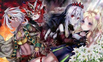 2boys 2girls albaz_(yu-gi-oh!) bare_shoulders blonde_hair blue_eyes breasts dark-skinned_male dark_skin duel_monster ecclesia_(yu-gi-oh!) grey_hair high_ponytail highres horns lazulite_b long_hair multicolored_hair multiple_boys multiple_girls ponytail red_eyes red_hair sample_watermark short_hair two-tone_hair watermark yu-gi-oh!