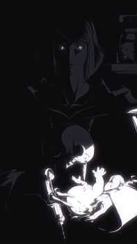 1girl animated animated_gif athena_(ff14) blinking blood blood_on_clothes blue_eyes brain capelet chinese_commentary commentary_request crack_of_light dark fetus final_fantasy final_fantasy_xiv glowing glowing_eyes greyscale heart_(organ) high_contrast highres holding holding_syringe hood hood_down hooded_capelet indoors jar looking_at_viewer looping_animation mask mask_around_neck monochrome robe shelf short_hair solo sophist&#039;s_robe_(ff14) spot_color straight-on swept_bangs syringe teantan unworn_mask upper_body wide_sleeves
