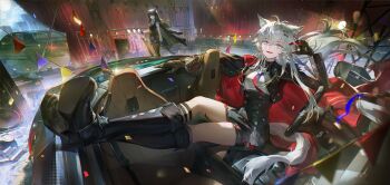 2girls absurdres animal_ears arknights black_boots black_hair black_pantyhose black_skirt blue_gloves boots coat coat_on_shoulders commentary_request cropped_jacket fangs fingerless_gloves gloves grey_hair hair_ornament hairclip high-waist_skirt highres holding holding_sword holding_weapon lappland_(arknights) lappland_the_decadenza_(arknights) long_hair material_growth multicolored_gloves multiple_girls necktie pantyhose pantyhose_under_shorts scar scar_across_eye scar_on_face shorts skirt string_of_flags sword tail texas_(arknights) texas_the_omertosa_(arknights) ting_zi_bbb torn_clothes torn_necktie two-tone_gloves very_long_hair weapon wolf_brooch wolf_ears wolf_girl wolf_tail