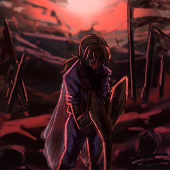 1boy arthropod_boy arthropod_limbs bandage_on_face bandage_over_one_eye bandaged_head bandages blue_jacket blurry blurry_background boulder brown_hair cigarette cockroach_boy dark facial_hair g_corp._(identity)_(project_moon) gregor_(project_moon) hair_between_eyes hair_over_one_eye half-closed_eyes insect_wings jacket jitome limbus_company long_hair looking_down low_ponytail male_focus monster_boy mouth_hold one-eyed one_eye_covered outdoors pants parted_bangs photoshop_(medium) pole ponytail project_moon red_sky rock rubble ruins shirt signature sky sleeves_rolled_up smoke smoking solo standing stubble sunset vest wings yellow_eyes