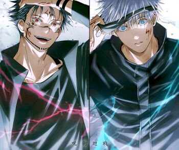 2boys absurdres arm_up black_hair black_jacket black_shirt blindfold blood blood_on_face blue_eyes collarbone extra_eyes facial_tattoo fushiguro_megumi gojou_satoru highres jacket jujutsu_kaisen long_sleeves looking_at_viewer male_focus multiple_boys open_mouth red_eyes ryoumen_sukuna_(jujutsu_kaisen) shirt short_hair smile split_screen spoilers tattoo unworn_blindfold upper_body white_background white_hair yoon_(dmsco1803)