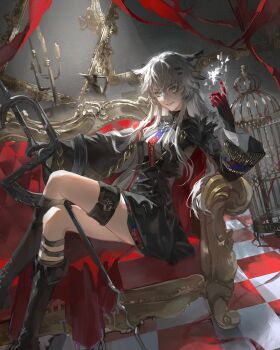 1girl absurdres animal_ears arknights black_boots black_gloves black_jacket black_skirt boots cage cape checkered_floor chinese_commentary commentary_request couch crossed_legs gloves gradient_necktie grey_hair hair_between_eyes hair_ornament hairclip highres holding holding_weapon indoors jacket lappland_(arknights) lappland_the_decadenza_(arknights) leaning_back long_hair long_sleeves looking_at_viewer multicolored_necktie necktie on_couch picture_frame red_cape scar scar_across_eye scar_on_face sitting skirt smile solo two-tone_necktie weapon wolf_ears wolf_girl zui_ye_qian_xing