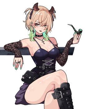1girl absurdres animal_ears bare_shoulders black_boots black_dress blonde_hair boots breasts cleavage commentary cowboy_shot dress english_commentary garter_straps ginotty goth_fashion green_eyes green_hair highres holding holding_smoking_pipe indie_virtual_youtuber large_breasts medium_hair multicolored_hair nimi_nightmare sitting smoking_pipe solo tapir_ears tapir_girl two-tone_hair virtual_youtuber