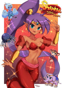 1girl absurdres anniversary aqua_eyes bandeau border breasts bug character_name circlet cleavage commentary_request copyright_name dark-skinned_female dark_skin earrings elephant eyelashes high_ponytail highres hoop_earrings jewelry long_hair monkey navel o-ring o-ring_top open_mouth pants pointy_ears ponytail purple_hair red_bandeau red_pants red_shoes shantae shantae_(series) shoes signature silk smile sparkle spider spider_web stomach very_long_hair wakaba_(wata_ridley) white_border