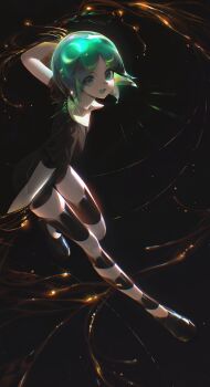 Rule 34 | 1other, absurdres, androgynous, black background, black jacket, black shoes, black shorts, collared shirt, colored tongue, crystal hair, eskm00, gem uniform (houseki no kuni), gold, green eyes, green hair, green tongue, hashtag-only commentary, highres, houseki no kuni, jacket, looking at viewer, molten metal, open mouth, other focus, outstretched arms, phosphophyllite, puffy short sleeves, puffy sleeves, shirt, shoes, short shorts, short sleeves, shorts, smile, solo, spoilers, white shirt