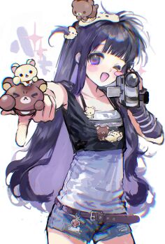 >_o 1girl ;d absurdres alternate_costume arm_warmers belt belt_charm black_shirt blush_stickers camcorder cameo camera cardcaptor_sakura chairoikoguma character_charm character_print charm_(object) chinese_commentary commentary_request cowboy_shot daidouji_tomoyo denim denim_shorts fashion heisei_retro highres holding holding_camera korilakkuma long_hair one_eye_closed one_side_up open_mouth print_shirt purple_arm_warmers purple_eyes purple_hair rilakkuma ruffian439 san-x shirt shorts simple_background single_arm_warmer single_blush_sticker smile solo variant_set video_camera white_background white_shirt