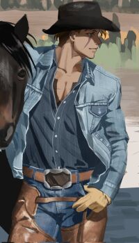 1boy alternate_costume animal belt belt_buckle black_hat blonde_hair brown_belt buckle buttons chaps closed_mouth collarbone commentary commentary_request cowboy_hat cowboy_shot cowboy_western denim denim_jacket english_commentary hat highres horse jacket long_sleeves luke_sullivan male_focus mixed-language_commentary open_clothes open_jacket open_shirt scar scar_across_eye scar_on_face shakrs_sf6 shirt_tucked_in short_hair smile solo standing street_fighter street_fighter_6 unfinished