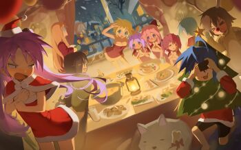 >_< 6+girls bare_shoulders blonde_hair blue_eyes blue_hair blush building christmas christmas_tree christmas_wreath closed_eyes dress feet_out_of_frame female_focus food glasses hair_ribbon hakun_(hak_kun) hat hiiragi_kagami hiiragi_tsukasa house indoors iwasaki_minami izumi_konata kobayakawa_yutaka kusakabe_misao lantern long_hair lucky_star minegishi_ayano multiple_girls night patricia_martin plate purple_hair red_nose ribbon santa_costume santa_dress santa_hat standing star_(symbol) table takara_miyuki tamura_hiyori wreath