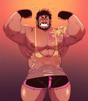 1boy abs bara bare_pectorals beard biceps black_hair black_shorts blush bodybuilder dark-skinned_male dark_skin dolphin_shorts double_biceps_pose duncan_wijaya_(kokukokuboo) facial_hair feet_out_of_frame fingerless_gloves flexing glasses gloves grin happy_aura highres kokukokuboo large_areolae large_pectorals male_focus mature_male muscular muscular_male mustache nipples original pectorals shirt short_hair shorts shoulder_tattoo sideburns smile solo spiked_hair sweat tank_top tattoo thick_eyebrows thick_thighs thighs wet wet_clothes wet_shirt yellow_tank_top