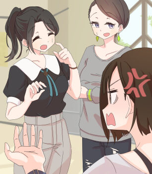 3girls ^_^ anger_vein asymmetrical_bangs black_hair black_shirt brown_hair closed_eyes collarbone commentary contrast_collar dance_trainer_(gakuen_idolmaster) gakuen_idolmaster grey_shirt highres idolmaster indoors multiple_girls nasu_danshaku ponytail puffy_short_sleeves puffy_sleeves sailor_collar shirt shirt_tucked_in short_sleeves sweatdrop visual_trainer_(gakuen_idolmaster) voice_trainer_(gakuen_idolmaster) white_sailor_collar