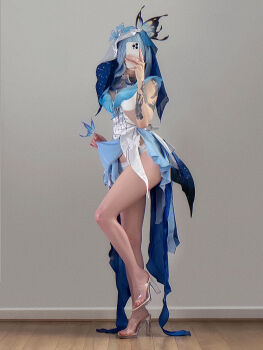 Rule 34 | absurdres, bare legs, bug, butterfly, cosplay, feet, highres, insect, legs, long legs, lunara fawn, panties, platform heels, shiny skin, shorekeeper (wuthering waves), tattoo, toes, underwear, wuthering waves