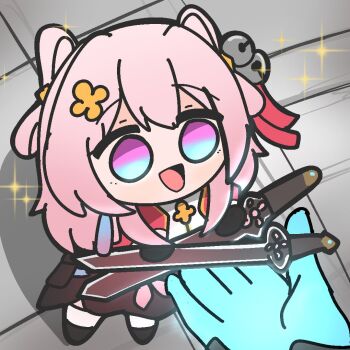 Rule 34 | 1girl, bell, chibi, dual wielding, eyebrows hidden by hair, full body, go do a crime (meme), gradient eyes, hair between eyes, hair ornament, holding, holding sword, holding weapon, honkai: star rail, honkai (series), jacket, jingle bell, march 7th (honkai: star rail), march 7th (hunt) (honkai: star rail), meme, multicolored eyes, nepnepping, open mouth, out of frame, pink hair, red jacket, shirt, smile, solo, sword, weapon, white shirt