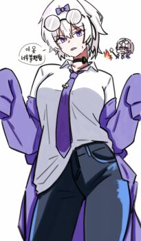 1girl breasts commentary_request grey_hair hair_between_eyes highres hjhjb47 kira_(project_moon) korean_commentary large_breasts limbus_company necktie project_moon purple_eyes purple_necktie sharp_teeth shirt simple_background solo teeth white_background white_shirt