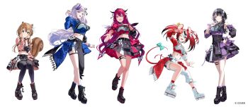 5girls :d ;d animal_ears aqua_eyes arm_up asymmetrical_clothes asymmetrical_sleeves ayunda_risu black_hair black_pants black_shirt black_skirt black_streaks blue_eyes boots bow brown_hair collared_shirt color-coded commentary_request copyright_name covered_navel cropped_shirt crystal_wings detached_sleeves double-parted_bangs double_halo feather_hair_ornament feathers full_body green_eyes grey_hair hair_between_eyes hair_ornament hakos_baelz halo hand_on_own_chest hand_on_own_hip hand_up heterochromia highres hololive hololive_english hololive_idol_uniform_(color_rise) hololive_indonesia horns irys_(hololive) lace-up_boots long_hair looking_at_viewer low_twintails midriff miniskirt mismatched_sleeves mouse_ears mouse_girl mouse_tail multicolored_hair multicolored_shirt multiple_girls navel official_alternate_costume official_art one_eye_closed open_mouth pants pavolia_reine platform_boots pointy_ears puffy_detached_sleeves puffy_short_sleeves puffy_sleeves purple_eyes purple_hair red_hair shiori_novella shirt short_sleeves side_ponytail simple_background single_detached_sleeve single_pantsleg single_sleeve skirt smile split-color_hair squirrel_ears squirrel_girl squirrel_tail star_halo streaked_hair tail tail_bow tail_ornament twintails ugonba_(howatoro) uneven_twintails very_long_hair virtual_youtuber wavy_hair white_background white_hair white_shirt white_skirt white_streaks wings yellow_eyes