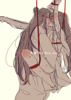 2boys ahoge amana_raika anal arms_up barefoot bdsm bite_mark black_hair blush bondage bottomless bound bound_arms bound_legs bound_wrists brown_hair chinese_clothes closed_eyes commentary_request french_kiss from_side hair_ribbon hanfu headband highres hug implied_sex kiss lan_wangji long_hair looking_at_another male_focus modao_zushi monochrome multiple_boys nipples open_clothes open_robe pectorals ponytail profile red_ribbon red_rope restrained ribbon robe rope saliva sex shibari simple_background sketch spot_color sweat tongue tongue_out topknot twitter_username very_long_hair watermark wei_wuxian wide_sleeves yaoi