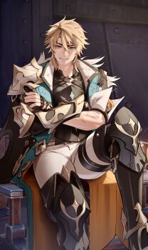 Rule 34 | 1boy, armor, blonde hair, blue eyes, collared coat, cross scar, crossed arms, genshin impact, grin, hashtag-only commentary, highres, leg armor, looking at viewer, male focus, mismatched eyebrows, mullet, pants, pauldrons, scar, scar on face, shokun 2, short hair, shoulder armor, signature, single pauldron, sitting, smile, solo, thighs, tight clothes, tight pants, varka (genshin impact), white pants