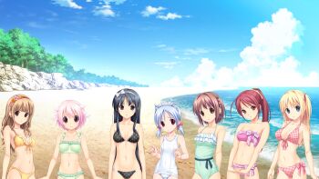 10s 6+girls beach bikini black_hair blonde_hair blue_hair braid breasts brown_eyes brown_hair clean_one_(tropical_vacation) cleavage cloud fukami_nagisa game_cg green_eyes groin hair_ribbon highres kagurazaka_namine kitami_minamo koigakubo_chihaya koutaro lineup loli long_hair looking_at_viewer multiple_girls navel ocean pink_eyes pink_hair ponytail purple_eyes red_hair ribbon short_hair small_breasts standing swimsuit takara_ichiko take_your_pick tokoro_koran tree tropical_kiss tropical_vacation twinkle_(company) water waves wood yellow_eyes