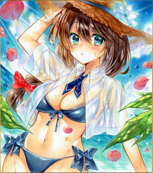 1girl :o arm_up bikini black_hair blue_bikini blue_bow blue_cross_tie blue_eyes bow bow_bikini breasts collared_shirt commentary_request cowboy_shot crop_top cropped_shirt cross_tie day double-parted_bangs falling_petals flower front-tie_bikini_top front-tie_top hair_between_eyes hair_bow hat hat_flower kantai_collection large_breasts linea_alba long_bangs long_hair looking_at_viewer marker_(medium) navel ocean open_clothes open_shirt outdoors parted_lips petals photo_(medium) red_bow see-through_clothes see-through_shirt shigure_(kancolle) shikishi shirt short_sleeves solo sparkle stomach straw_hat swimsuit takadono318 traditional_media water_drop white_flower white_shirt wing_collar
