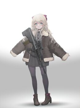 1girl absurdres assault_rifle blonde_hair blue_eyes boots bullpup commentary_request full_body fur-trimmed_jacket fur_trim gun high_heel_boots high_heels highres jacket long_hair looking_at_viewer magazine_(weapon) oota_youjo open_clothes open_jacket optical_sight original pantyhose rifle skirt solo steyr_aug weapon