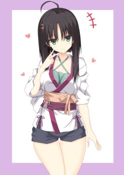 Rule 34 | +++, 1girl, ahoge, arm at side, black hair, black shorts, blunt ends, blush, border, breasts, casual, closed mouth, commentary, criss-cross halter, green eyes, green shirt, hair between eyes, hair ornament, halterneck, hand up, heart, hitachi mako, index finger raised, japanese clothes, kanaya (cybelekanaya), kimono, large breasts, long sleeves, looking at viewer, official alternate costume, orange sash, outside border, purple border, senren banka, shirt, short hair with long locks, short shorts, shorts, simple background, sleeves rolled up, smile, solo, straight hair, thigh gap, thighs, white background, white kimono, x hair ornament