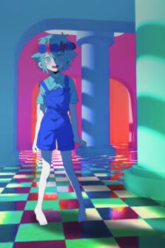 1boy absurdres antenna_hair barefoot basil_(headspace)_(omori) basil_(omori) blue_overalls blush checkered_floor collared_shirt colored_skin double-parted_bangs flower flower_wreath full_body green_eyes green_hair green_shirt hair_between_eyes head_wreath highres looking_at_viewer male_focus my_loleeta omori open_mouth overall_shorts overalls shirt short_sleeves sidelocks smile solo white_skin